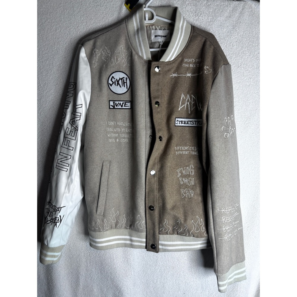 Sixth June Paris Mens Varsity Jacket Beige Brown Streetwear Embroidered large